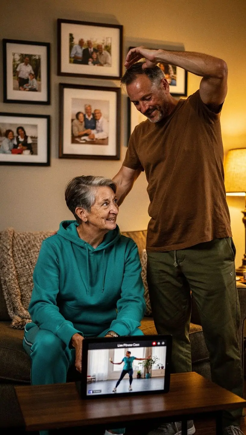 Színes fitnesz eszközök, mint például súlyzók és gumiszalagok, edzés közben.