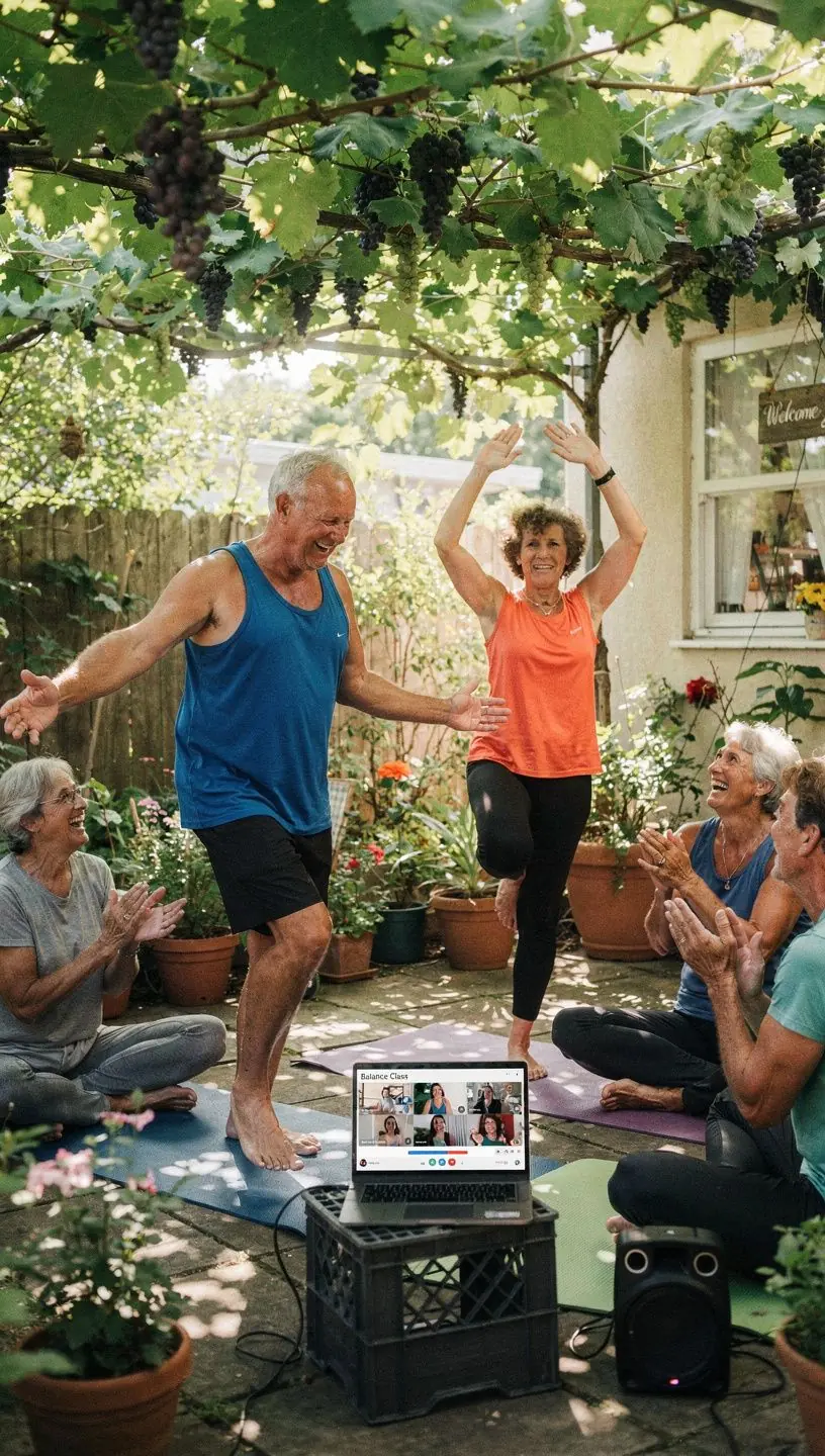 Felnőttek, akik otthon végzik a gyakorlatokat, figyelve az instrukciókra.