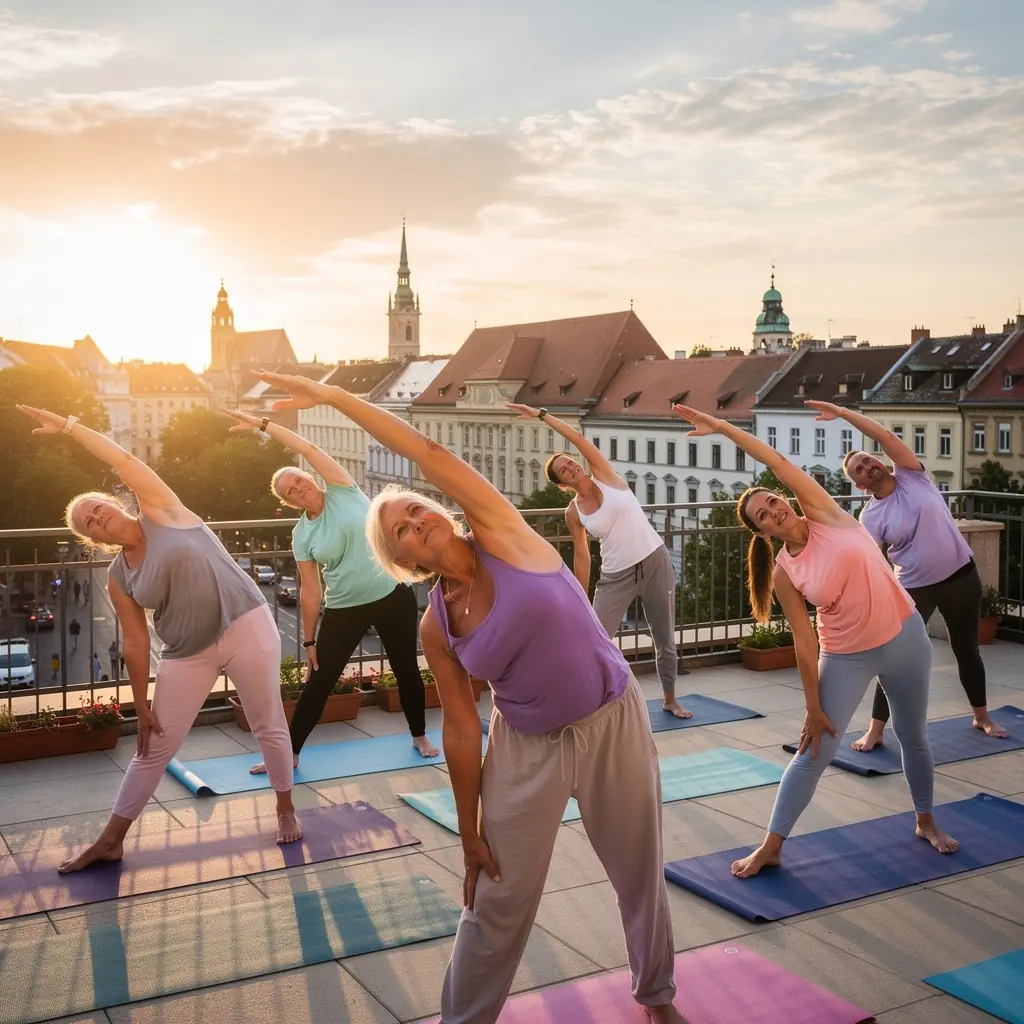 Különböző korú résztvevők, akik együtt edzenek virtuális platformon.