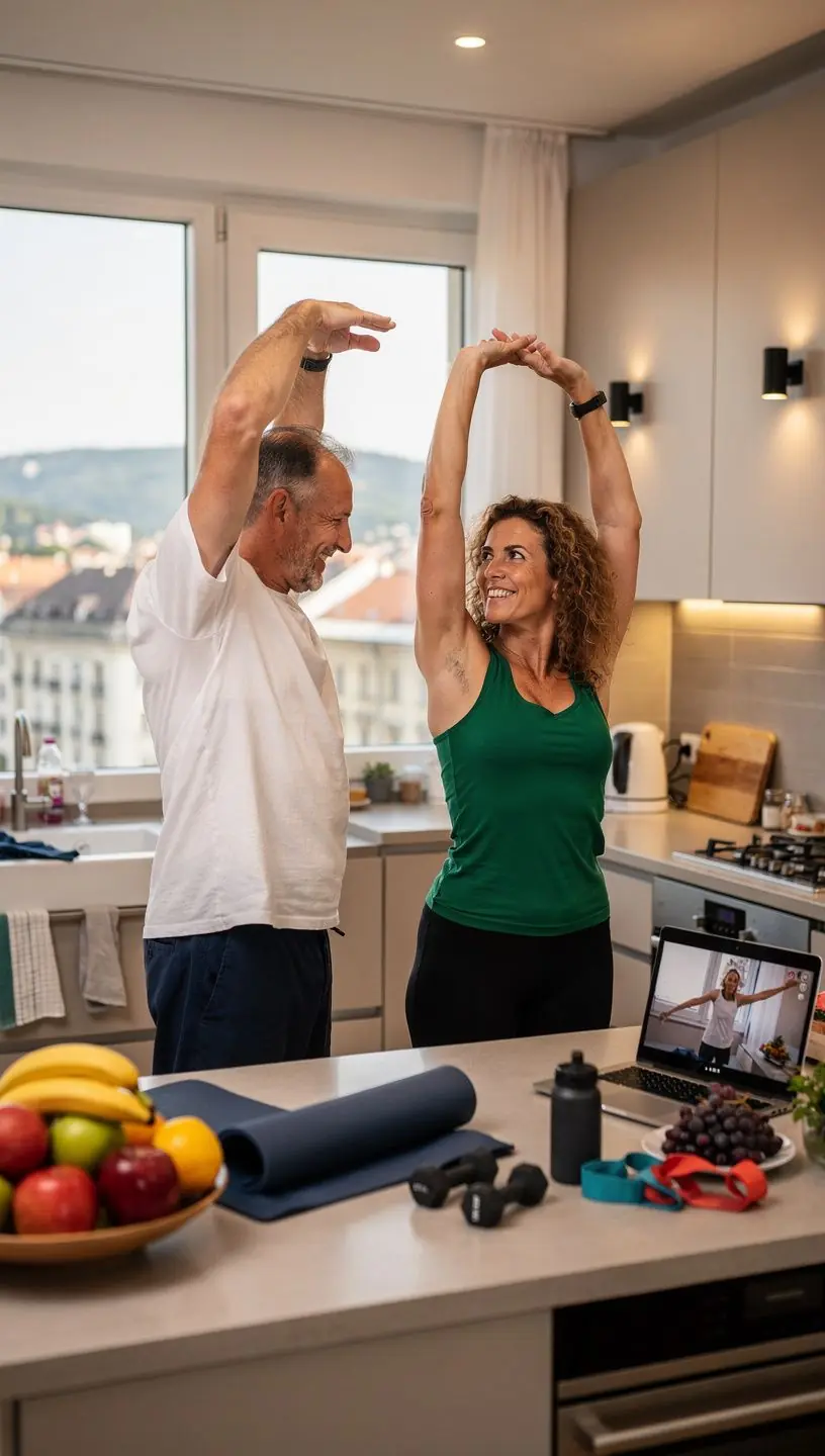 Számítógép előtt ülő idősebb felnőtt, aki online edzésen vesz részt a saját otthonában.