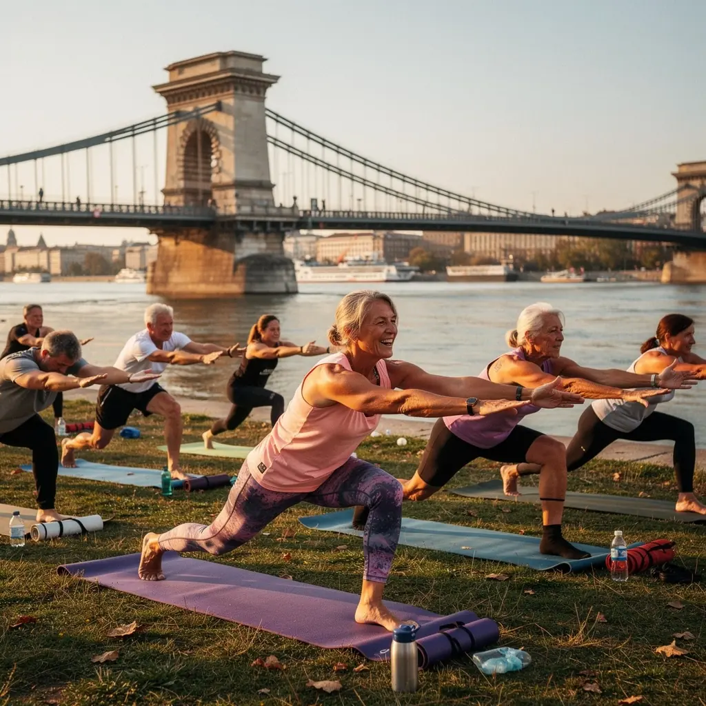 Felnőttek, akik különböző gyakorlatokat végeznek, miközben figyelnek egymás testtartására.