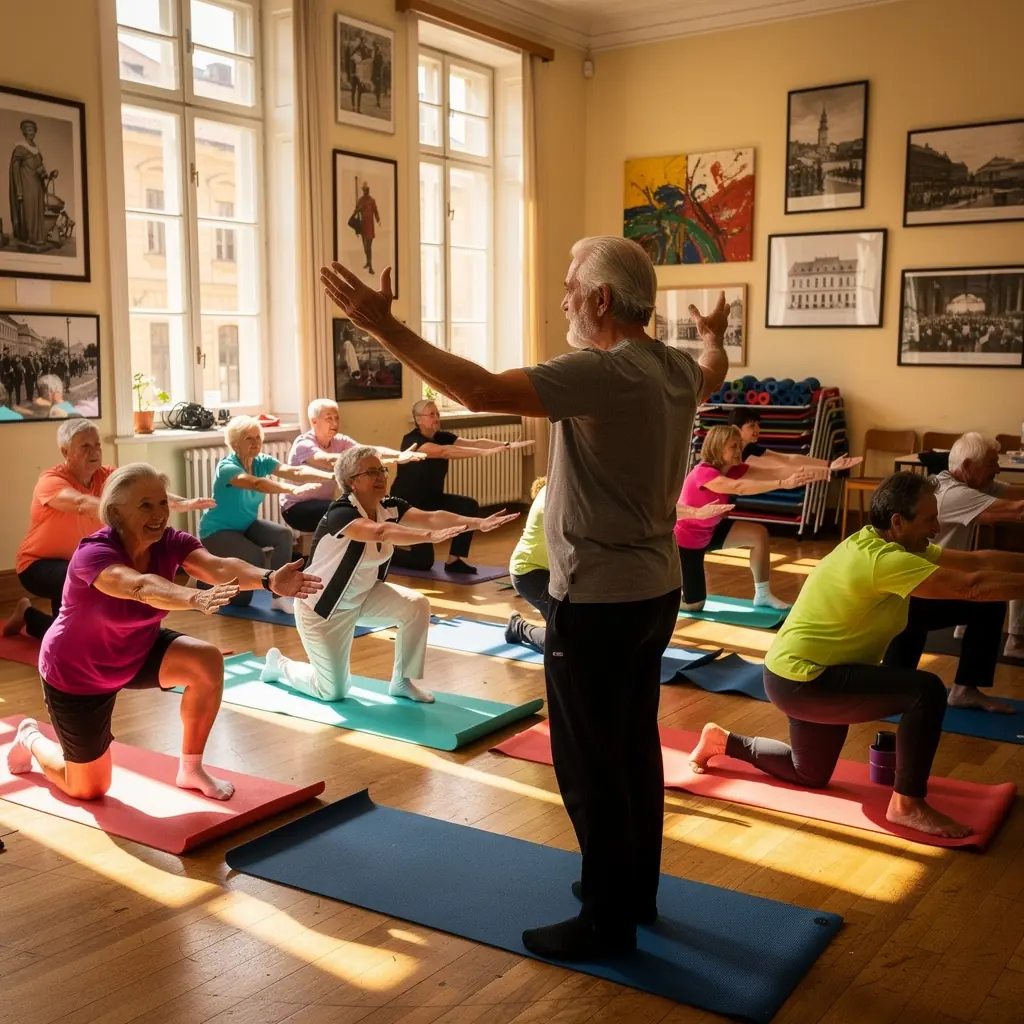 Idősebb felnőttek csoportos edzése virtuális környezetben, mosolygós résztvevőkkel.